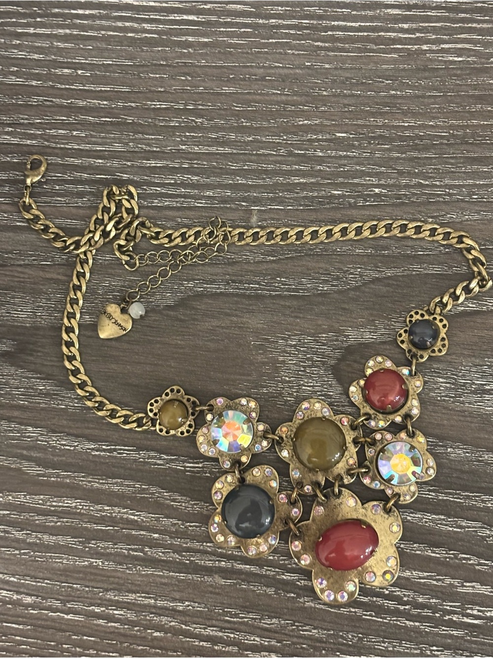 Betsey Johnson Floral Statement Bib Necklace Multicolor Stone Gold Tone Signed - Picture 9 of 9
